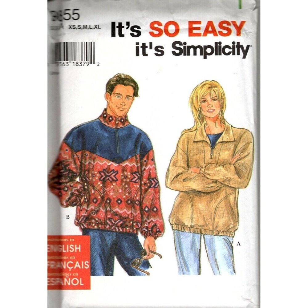 Simplicity 9855 Misses and Mens XS to XL Pullover Tops Uncut Sewing Pattern